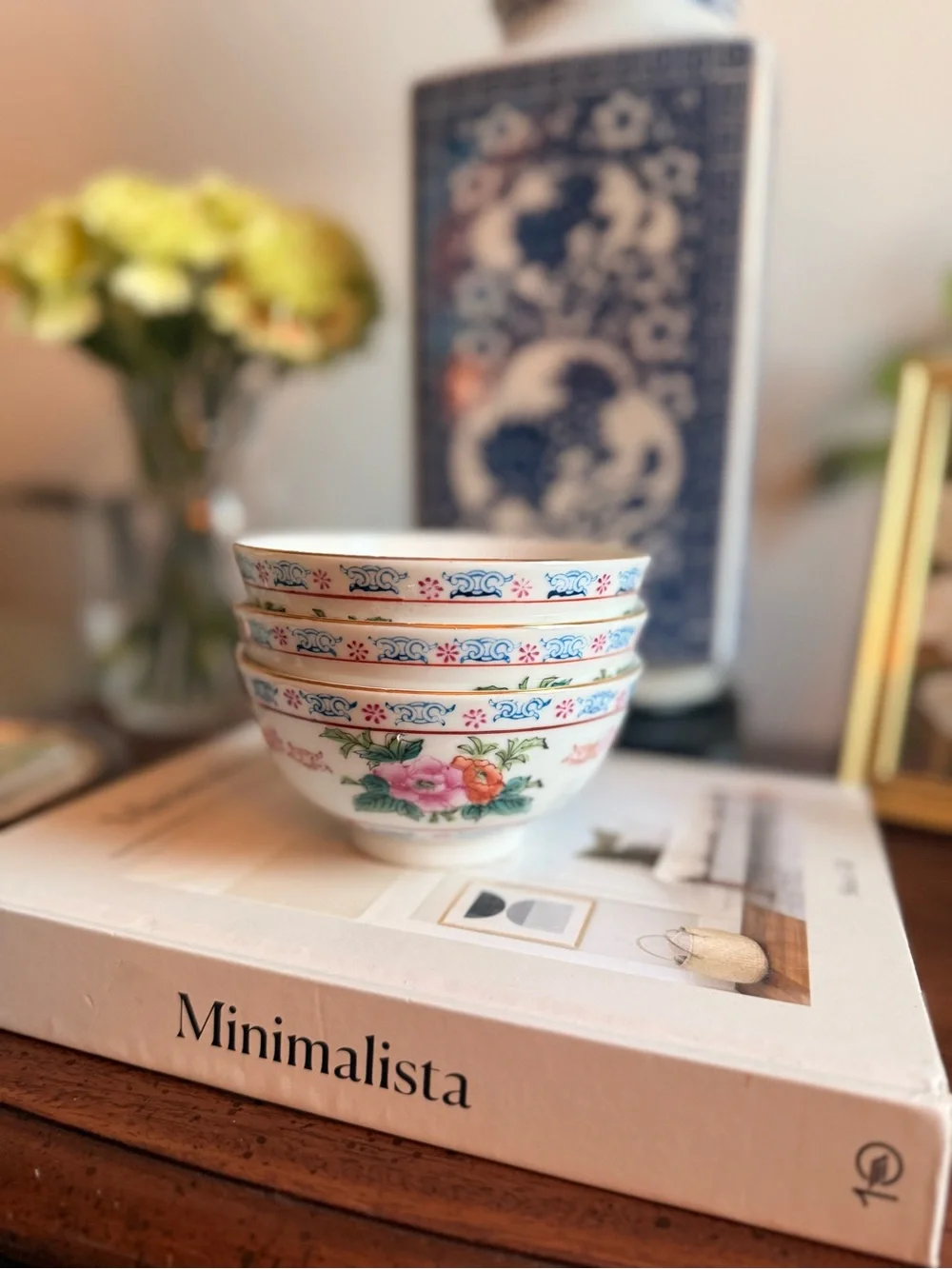 Classic Floral Porcelain Bowls - White with Pink & Green Accents